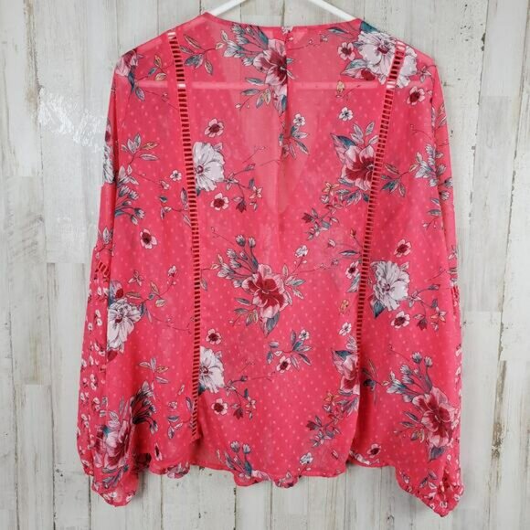 Time and Tru Floral Open Front Top Pink Size Large - Picture 2 of 9